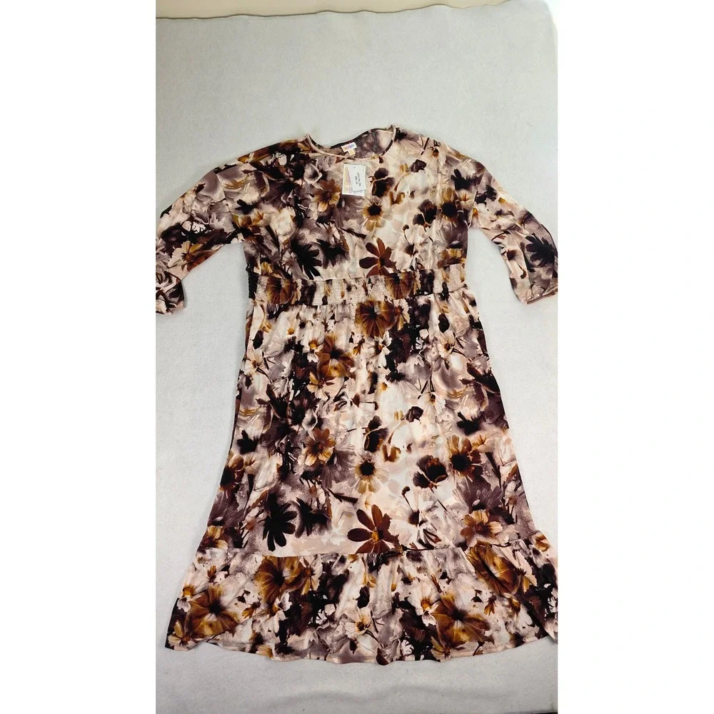 LuLaRoe Women 3XL Evelyn Dress Brown Floral Smocked Waist NWT 486-18 - Picture 2 of 11